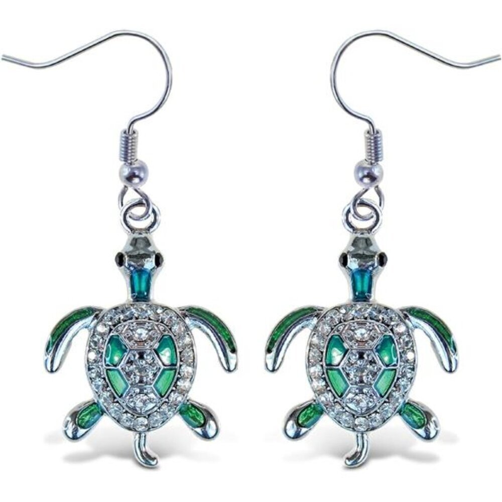 Sparkling Green Sea Turtle Drop Earrings Silver Tone Cute Ocean Animal Jewelry